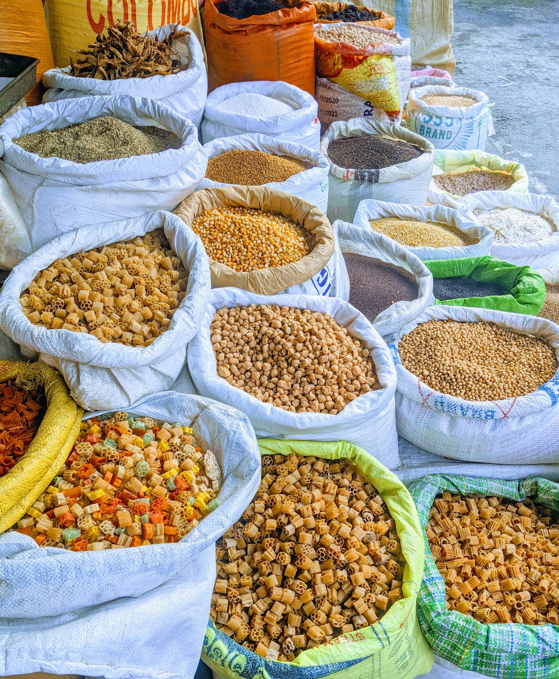 Sacks containing assorted agricultural staples